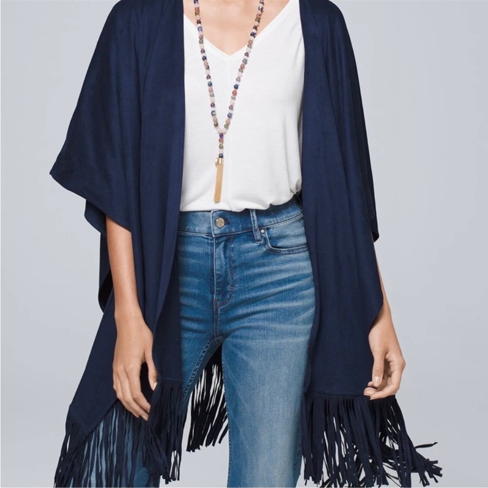 White House Black Market faux suede fringe poncho